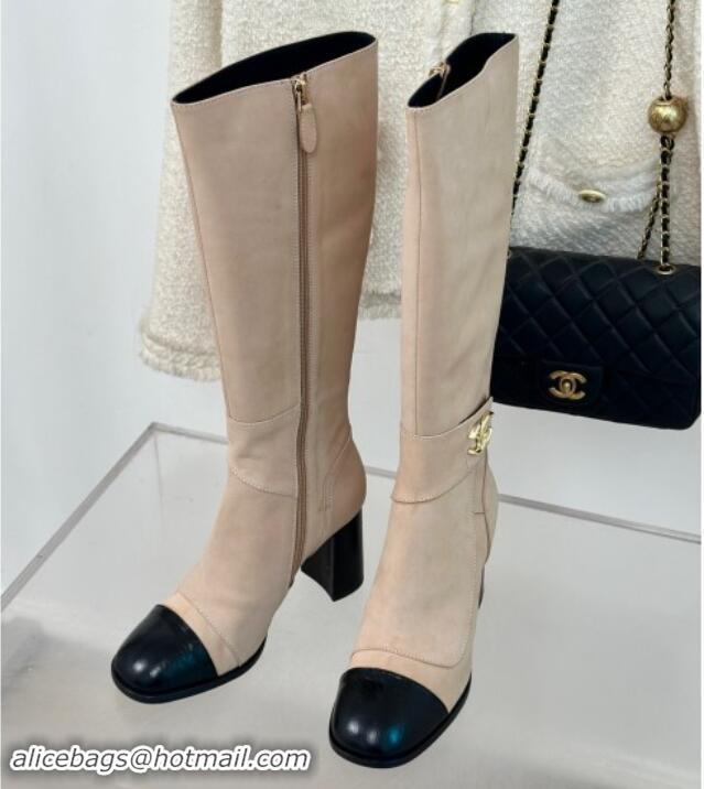 Grade Quality Chanel Suede High Boots 8cm with CC Strap Nude 016062