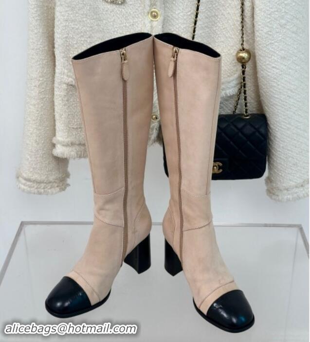 Grade Quality Chanel Suede High Boots 8cm with CC Strap Nude 016062