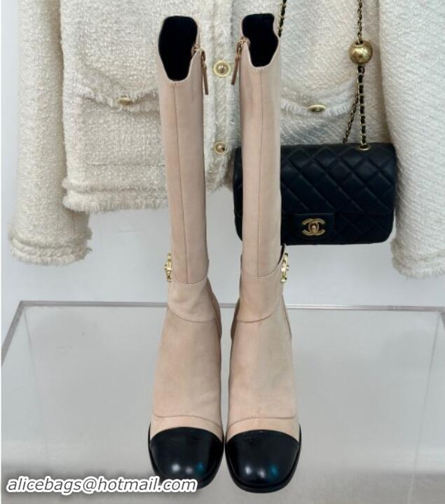 Grade Quality Chanel Suede High Boots 8cm with CC Strap Nude 016062