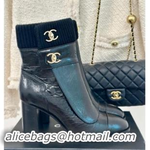 1:1 aaaaa Chanel Calfskin & Knit Ankle Boots 8cm with CC Black 016063