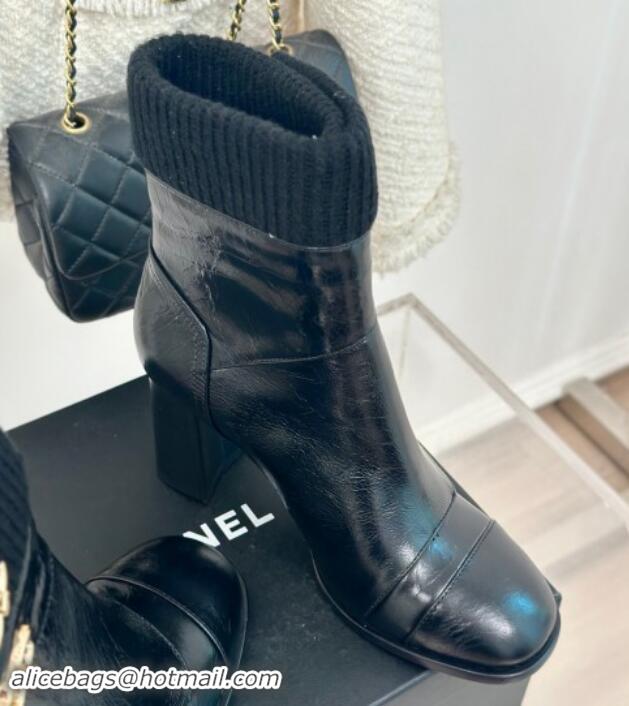 1:1 aaaaa Chanel Calfskin & Knit Ankle Boots 8cm with CC Black 016063