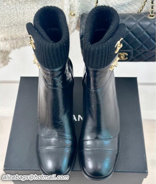 1:1 aaaaa Chanel Calfskin & Knit Ankle Boots 8cm with CC Black 016063