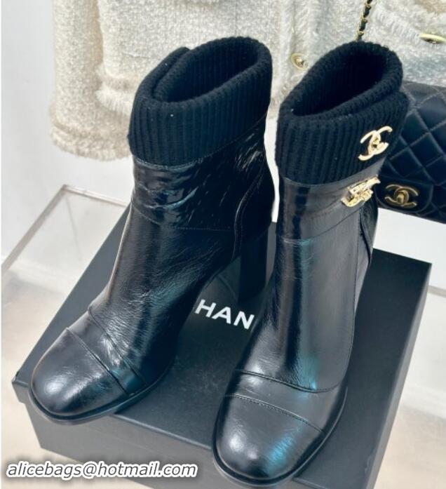 1:1 aaaaa Chanel Calfskin & Knit Ankle Boots 8cm with CC Black 016063