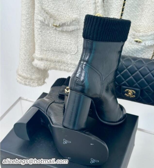 1:1 aaaaa Chanel Calfskin & Knit Ankle Boots 8cm with CC Black 016063