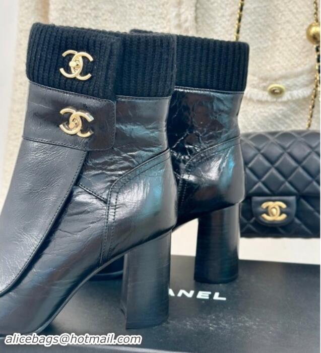 1:1 aaaaa Chanel Calfskin & Knit Ankle Boots 8cm with CC Black 016063