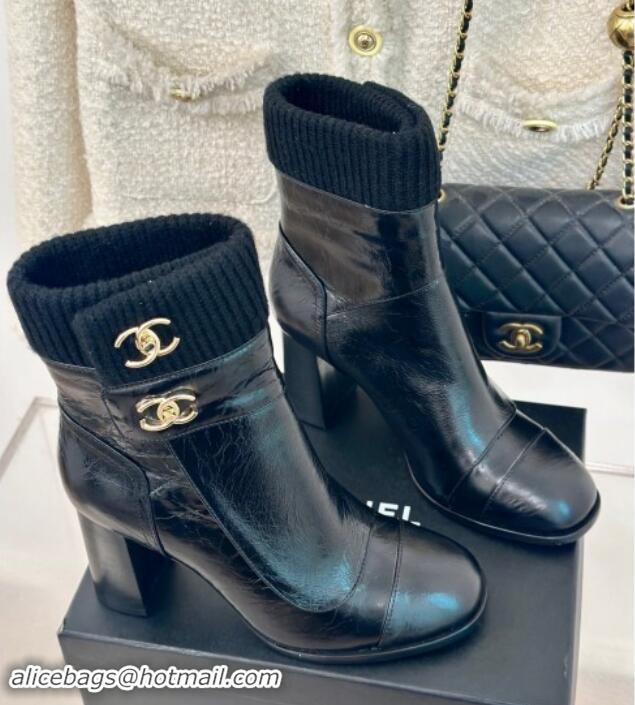 1:1 aaaaa Chanel Calfskin & Knit Ankle Boots 8cm with CC Black 016063