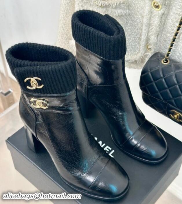 1:1 aaaaa Chanel Calfskin & Knit Ankle Boots 8cm with CC Black 016063