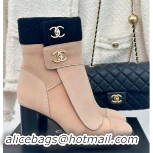 1:1 Chanel Calfskin & Knit Ankle Boots 8cm with CC Nude 016064