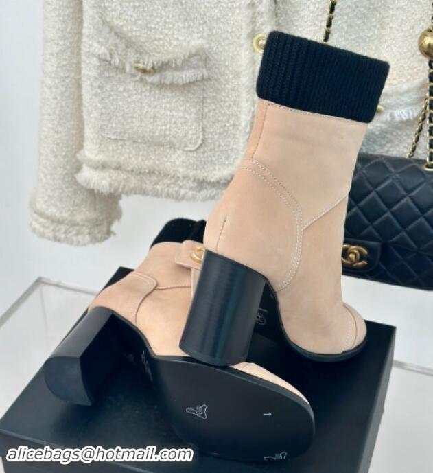 1:1 Chanel Calfskin & Knit Ankle Boots 8cm with CC Nude 016064