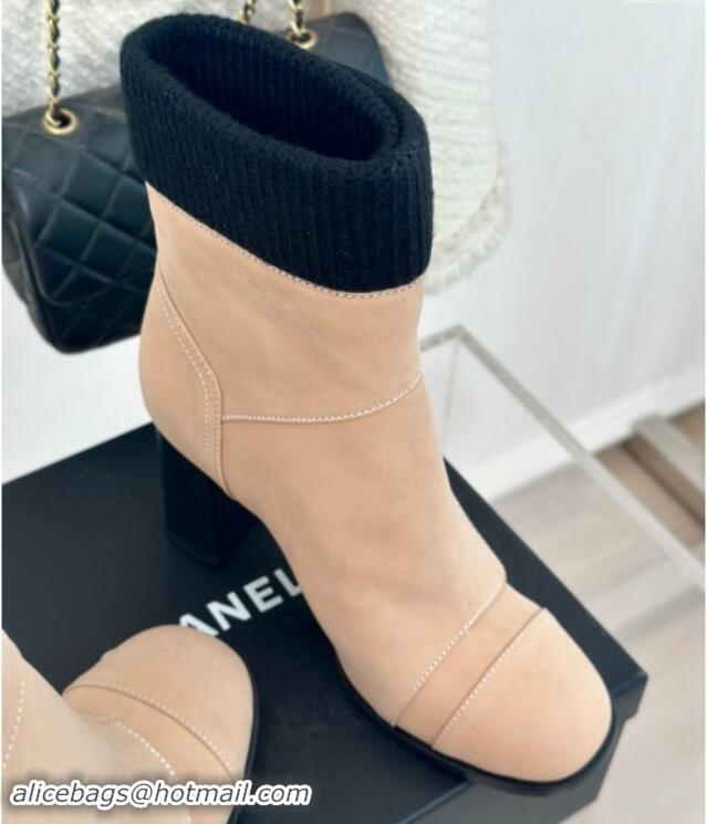 1:1 Chanel Calfskin & Knit Ankle Boots 8cm with CC Nude 016064