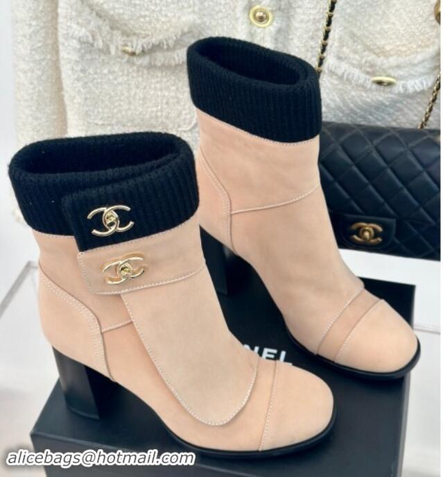 1:1 Chanel Calfskin & Knit Ankle Boots 8cm with CC Nude 016064