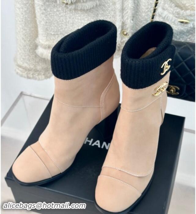 1:1 Chanel Calfskin & Knit Ankle Boots 8cm with CC Nude 016064