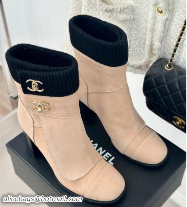 1:1 Chanel Calfskin & Knit Ankle Boots 8cm with CC Nude 016064