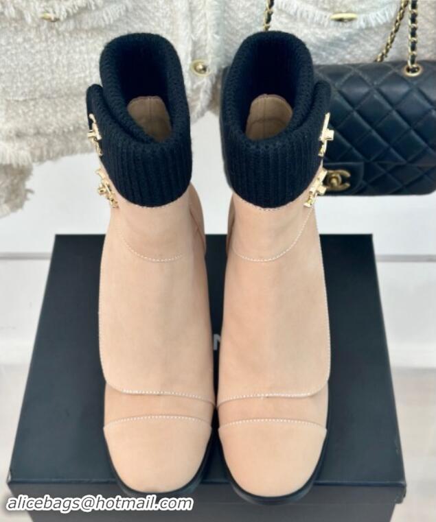 1:1 Chanel Calfskin & Knit Ankle Boots 8cm with CC Nude 016064