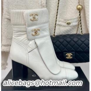 Grade Chanel Calfskin & Knit Ankle Boots 8cm with CC White 1016065