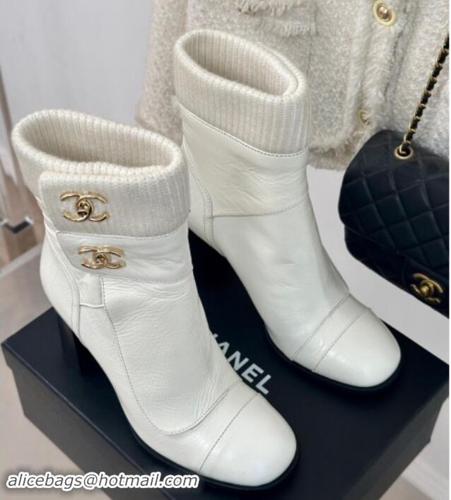 Grade Chanel Calfskin & Knit Ankle Boots 8cm with CC White 1016065