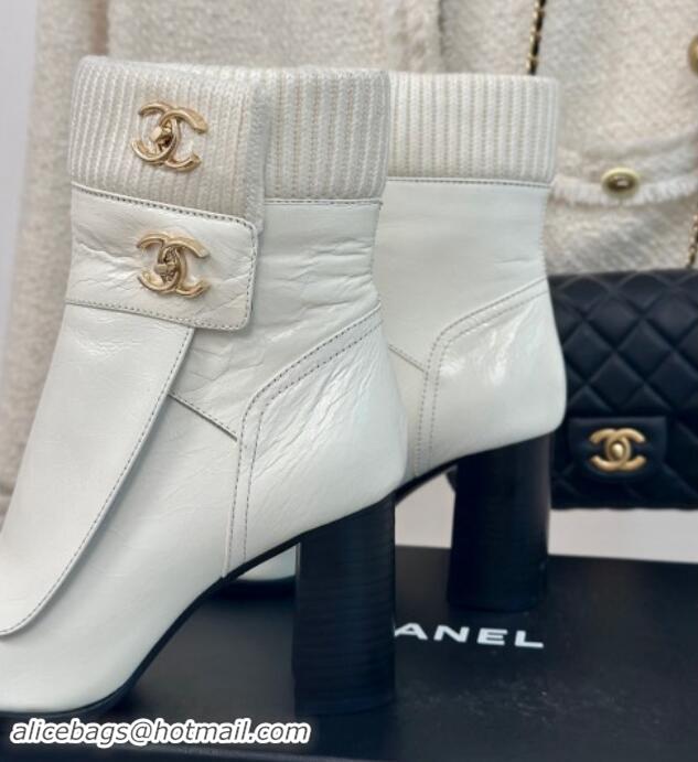 Grade Chanel Calfskin & Knit Ankle Boots 8cm with CC White 1016065