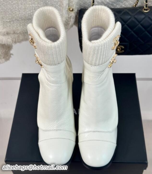 Grade Chanel Calfskin & Knit Ankle Boots 8cm with CC White 1016065