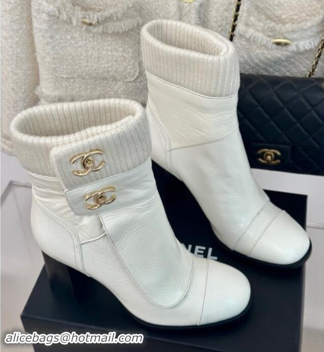 Grade Chanel Calfskin & Knit Ankle Boots 8cm with CC White 1016065