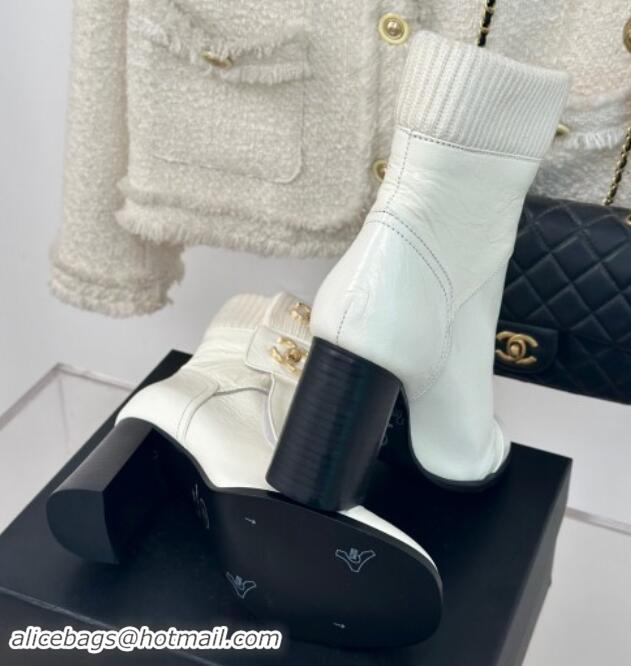 Grade Chanel Calfskin & Knit Ankle Boots 8cm with CC White 1016065