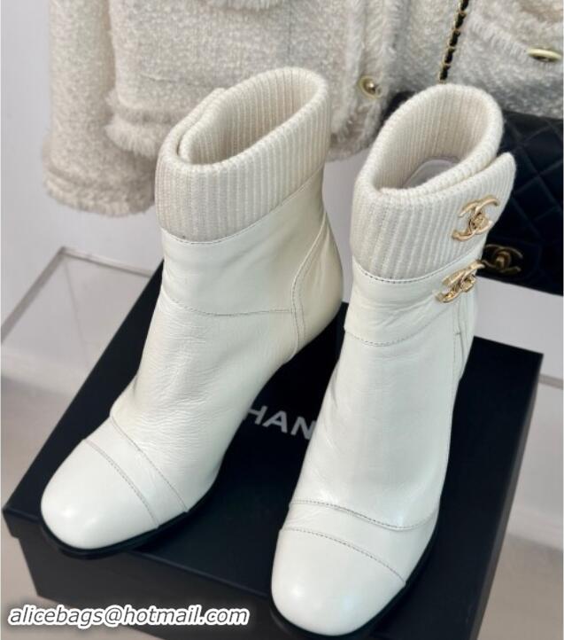 Grade Chanel Calfskin & Knit Ankle Boots 8cm with CC White 1016065