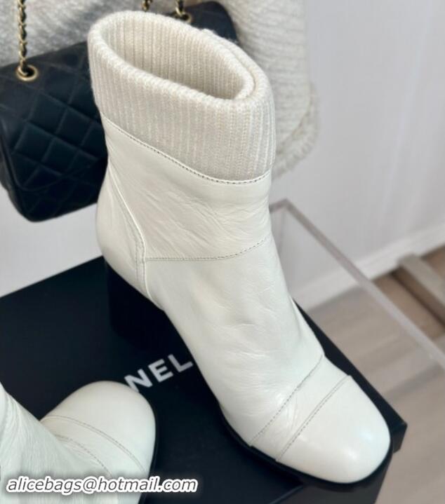 Grade Chanel Calfskin & Knit Ankle Boots 8cm with CC White 1016065