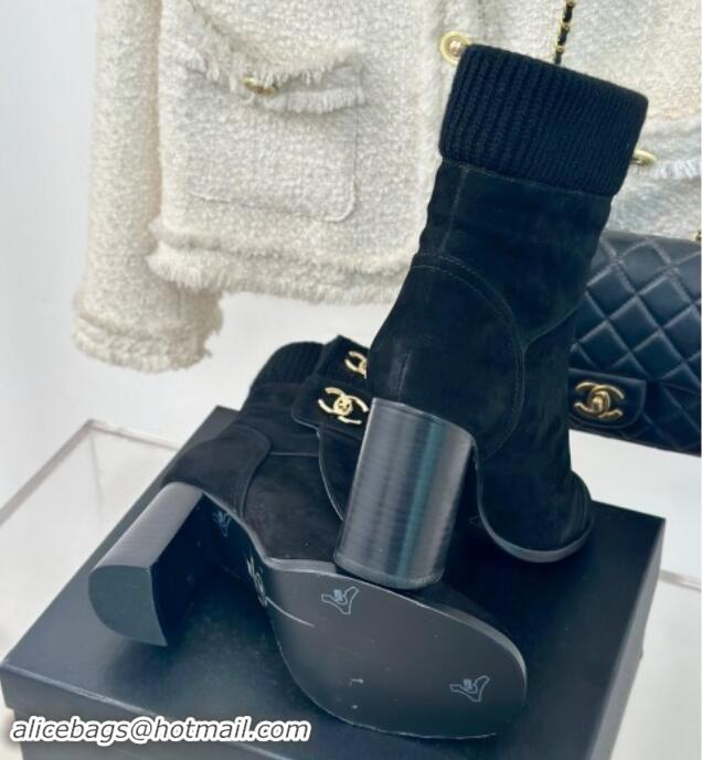 Sophisticated Chanel Suede & Knit Ankle Boots 8cm with CC Black 016066