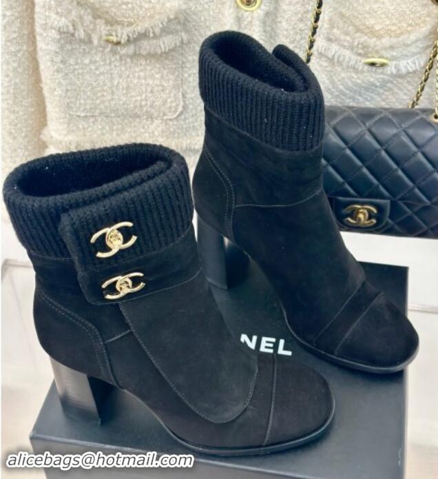 Sophisticated Chanel Suede & Knit Ankle Boots 8cm with CC Black 016066