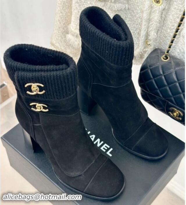 Sophisticated Chanel Suede & Knit Ankle Boots 8cm with CC Black 016066