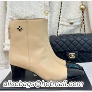 Hot Style Chanel Lambskin Ankle Boots with Bloom Beige 016071