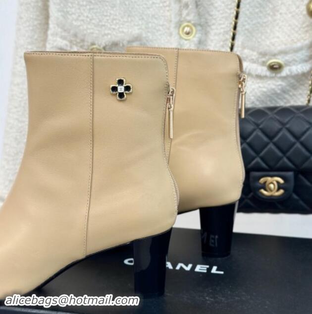 Hot Style Chanel Lambskin Ankle Boots with Bloom Beige 016071