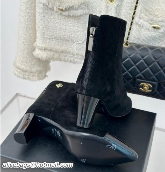 Stylish Chanel Suede Ankle Boots with Bloom Black 1016072