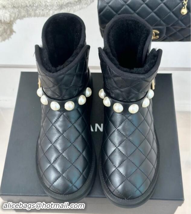 Best Product Chanel Quilted Calfskin Snow Boots with Pearls Black 1016074