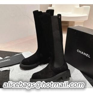 Top Grade Chanel Suede & Elastic High Boots Black 1016075