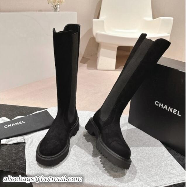 Top Grade Chanel Suede & Elastic High Boots Black 1016075