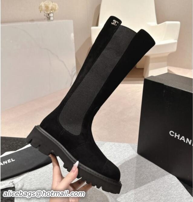 Top Grade Chanel Suede & Elastic High Boots Black 1016075