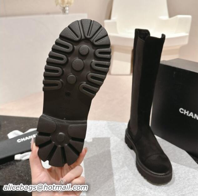 Top Grade Chanel Suede & Elastic High Boots Black 1016075