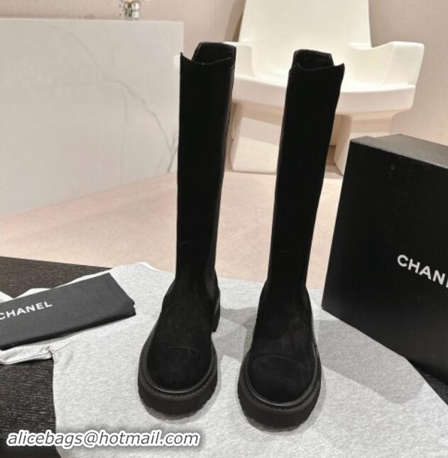 Top Grade Chanel Suede & Elastic High Boots Black 1016075