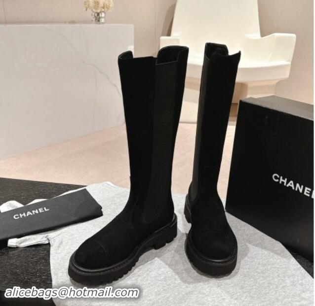 Top Grade Chanel Suede & Elastic High Boots Black 1016075