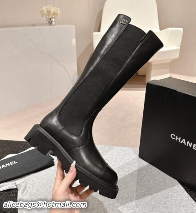 Good Product Chanel Calfskin & Elastic High Boots Black 1016076