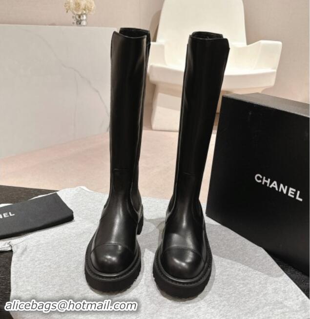 Good Product Chanel Calfskin & Elastic High Boots Black 1016076