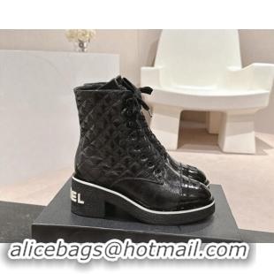 Unique Style Chanel Contrasting Patent Calfskin Laced-up Ankle Boots Black 1016079