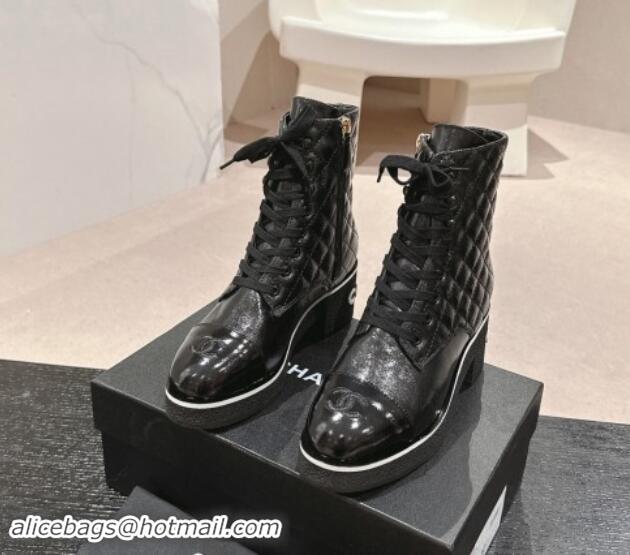 Unique Style Chanel Contrasting Patent Calfskin Laced-up Ankle Boots Black 1016079