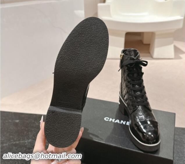 Unique Style Chanel Contrasting Patent Calfskin Laced-up Ankle Boots Black 1016079