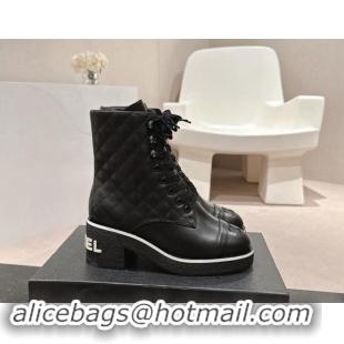 Good Quality Chanel Contrasting Calfskin Leather Laced-up Ankle Boots Black 1016080