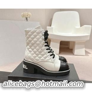 Shop Duplicate Chanel Contrasting Calfskin Laced-up Ankle Boots White 1016081