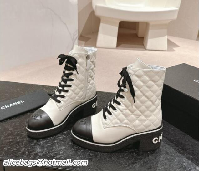 Shop Duplicate Chanel Contrasting Calfskin Laced-up Ankle Boots White 1016081