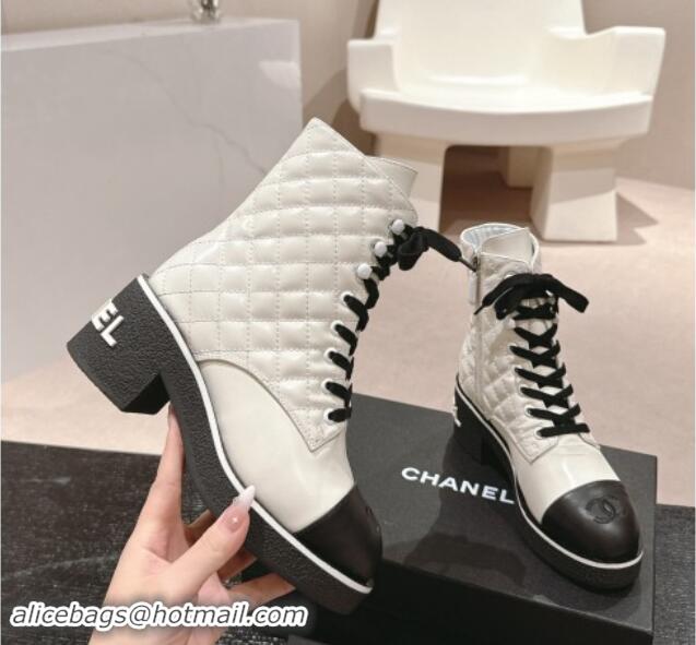 Shop Duplicate Chanel Contrasting Calfskin Laced-up Ankle Boots White 1016081