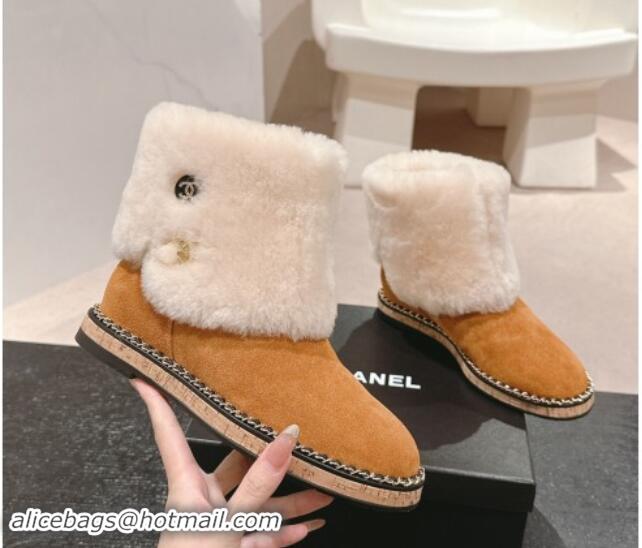 Luxurious Chanel Suede & Wool Fur Wood Ankle Boots Brown 1016082