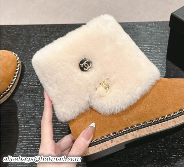 Luxurious Chanel Suede & Wool Fur Wood Ankle Boots Brown 1016082